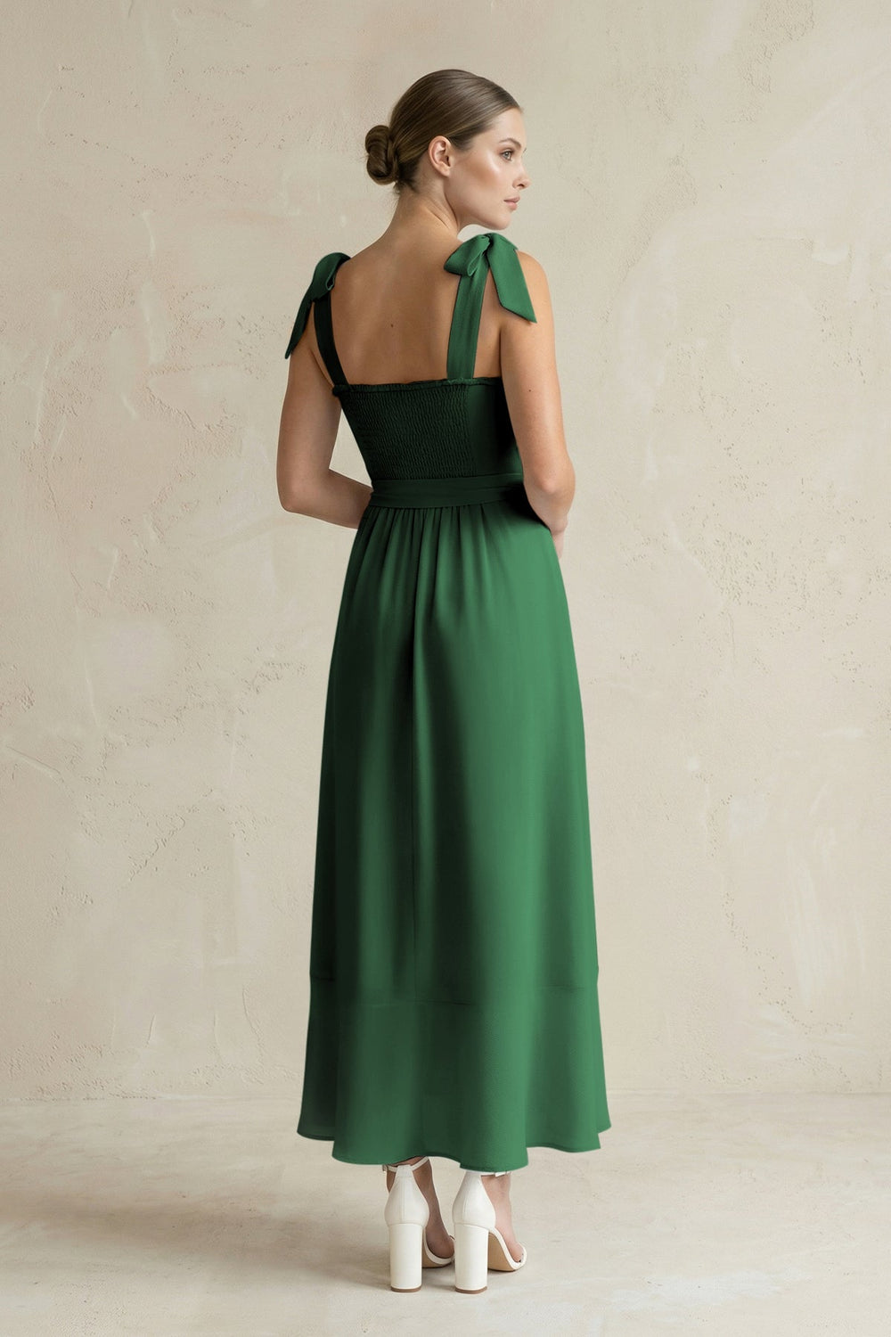 Square Neck A - Line Chiffon Midi Bridesmaid Dress with Bow in Dark Green - SHE IS ME Bridesmaid Dresses