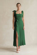Square Neck A - Line Chiffon Midi Bridesmaid Dress with Bow in Dark Green - SHE IS ME Bridesmaid Dresses