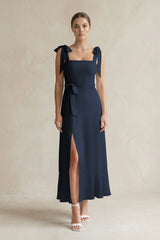 Square Neck A - Line Chiffon Midi Bridesmaid Dress with Bow in Dark Navy - KISS BRIDAL Bridesmaid Dresses