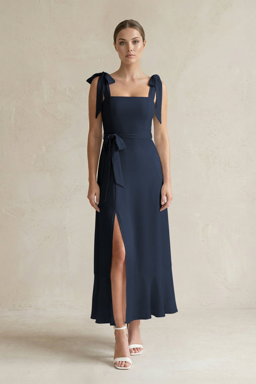 Square Neck A - Line Chiffon Midi Bridesmaid Dress with Bow in Dark Navy - SHE IS ME Bridesmaid Dresses