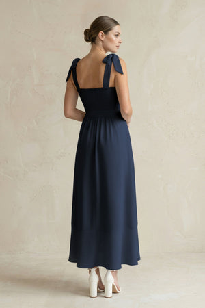 Square Neck A - Line Chiffon Midi Bridesmaid Dress with Bow in Dark Navy - SHE IS ME Bridesmaid Dresses