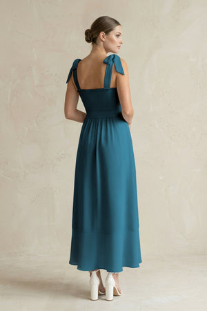 Square Neck A - Line Chiffon Midi Bridesmaid Dress with Bow in Dark Teal - SHE IS ME Bridesmaid Dresses