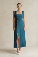 Square Neck A - Line Chiffon Midi Bridesmaid Dress with Bow in Dark Teal - KISS BRIDAL Bridesmaid Dresses
