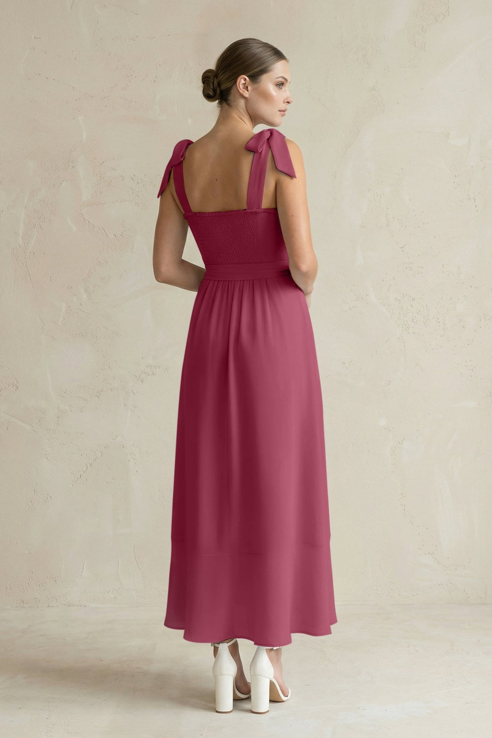 Square Neck A - Line Chiffon Midi Bridesmaid Dress with Bow in Desert Rose - SHE IS ME Bridesmaid Dresses