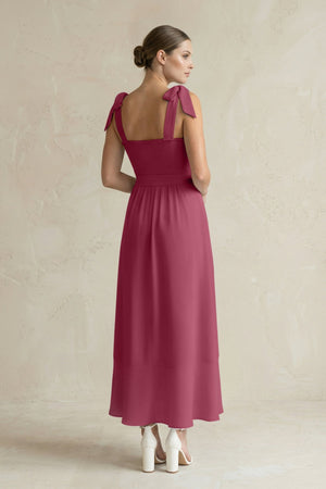 Square Neck A - Line Chiffon Midi Bridesmaid Dress with Bow in Desert Rose - SHE IS ME Bridesmaid Dresses