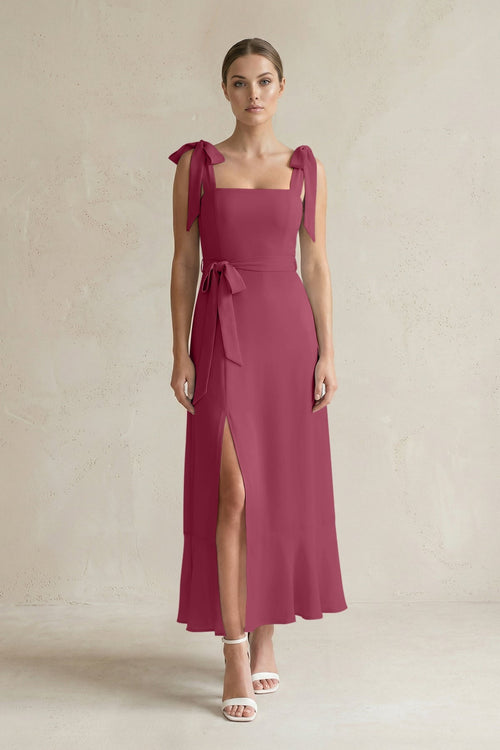 Square Neck A - Line Chiffon Midi Bridesmaid Dress with Bow in Desert Rose - SHE IS ME Bridesmaid Dresses