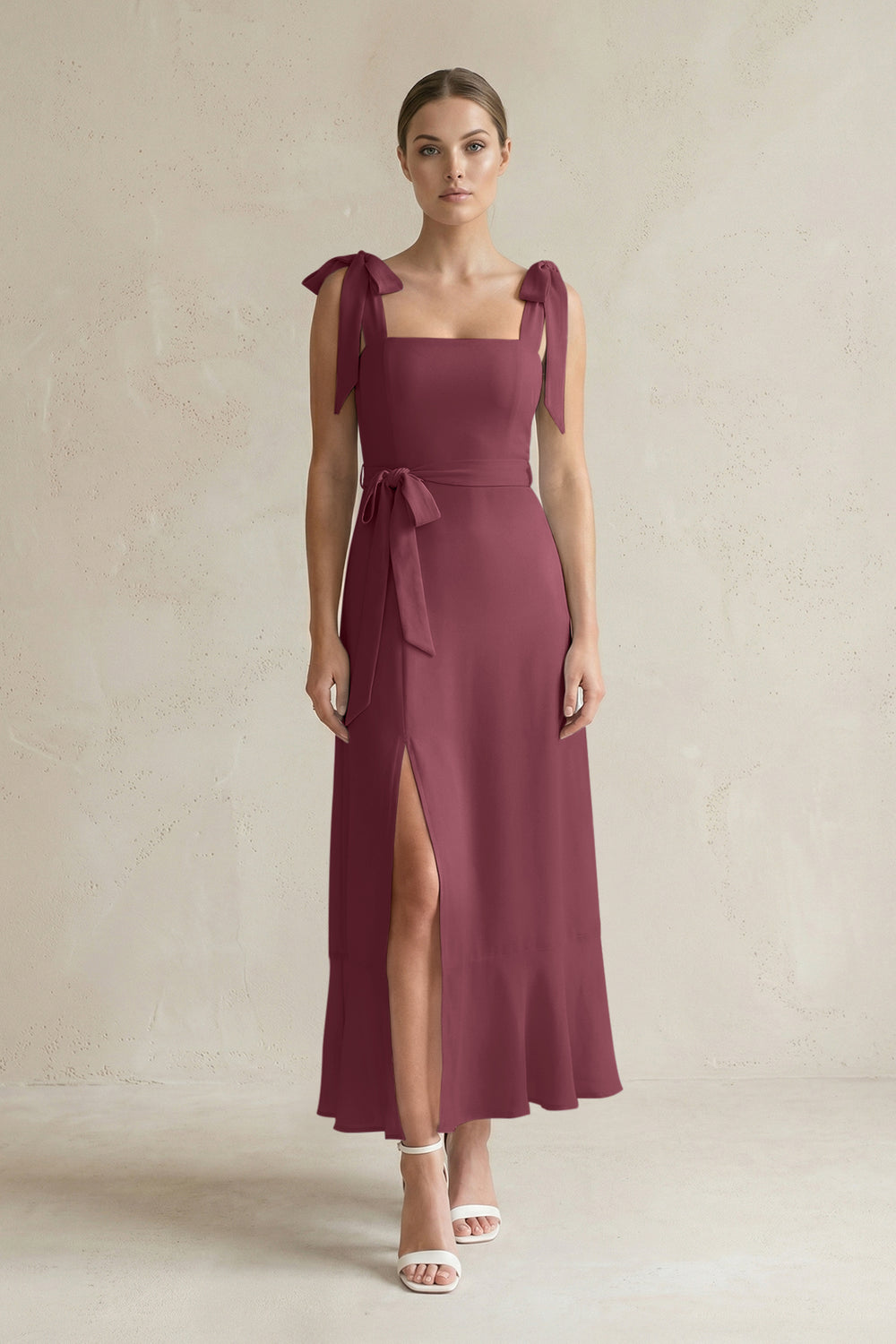 Square Neck A-Line Chiffon Midi Bridesmaid Dress with Bow in Desert Rose