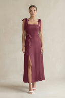 Square Neck A-Line Chiffon Midi Bridesmaid Dress with Bow in Desert Rose | KISSBRIDAL