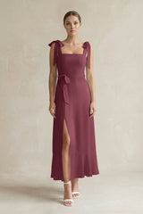 Square Neck A-Line Chiffon Midi Bridesmaid Dress with Bow in Desert Rose | KISSBRIDAL