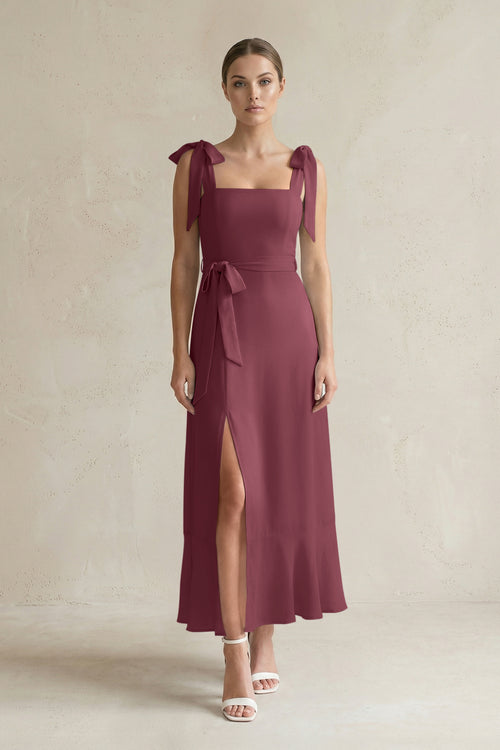 Square Neck A-Line Chiffon Midi Bridesmaid Dress with Bow in Desert Rose | KISSBRIDAL