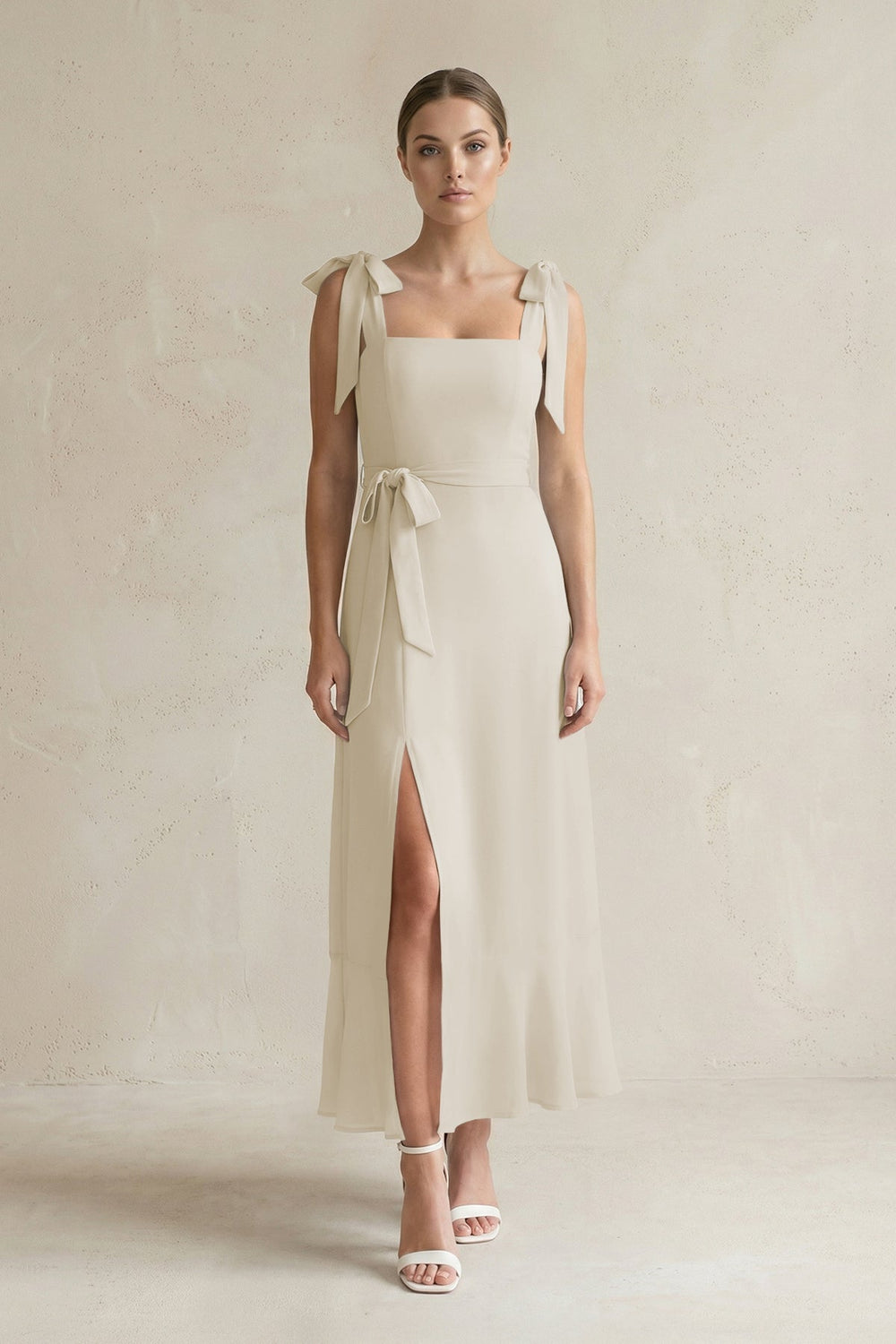 Square Neck A - Line Chiffon Midi Bridesmaid Dress with Bow in Dove Gray - SHE IS ME Bridesmaid Dresses