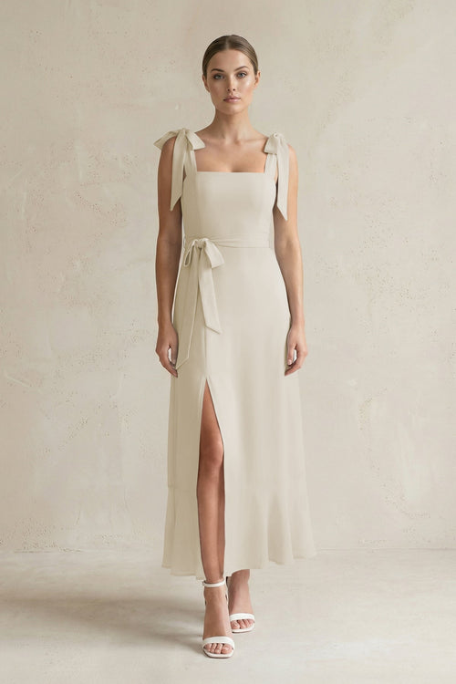 Square Neck A - Line Chiffon Midi Bridesmaid Dress with Bow in Dove Gray - SHE IS ME Bridesmaid Dresses
