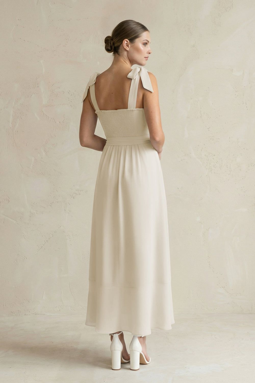 Square Neck A - Line Chiffon Midi Bridesmaid Dress with Bow in Dove Gray - SHE IS ME Bridesmaid Dresses