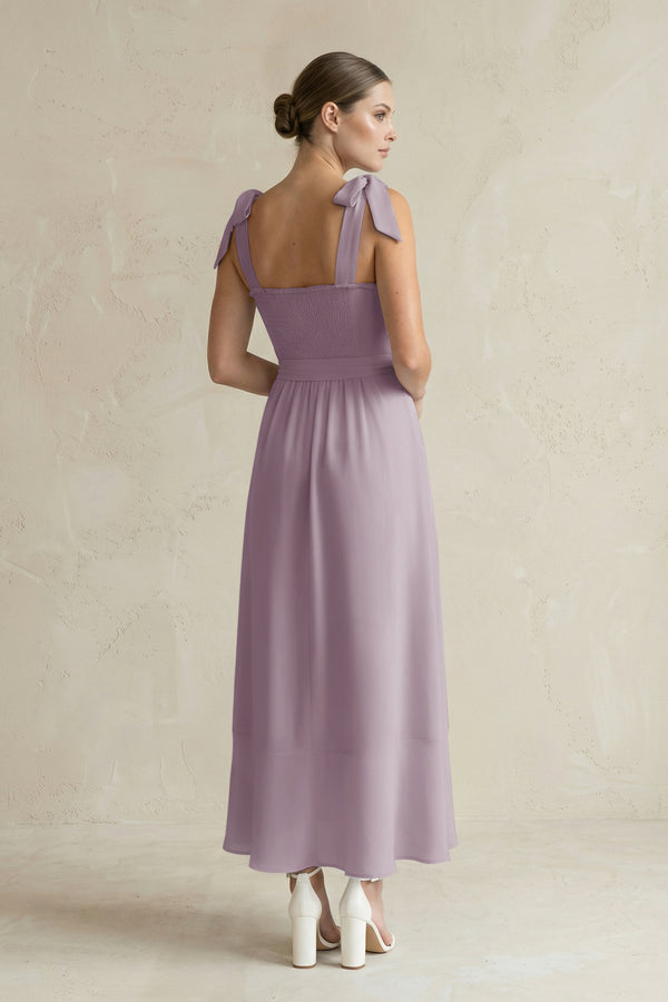 Square Neck A-Line Chiffon Midi Bridesmaid Dress with Bow in Dusk (2) | KISSBRIDAL