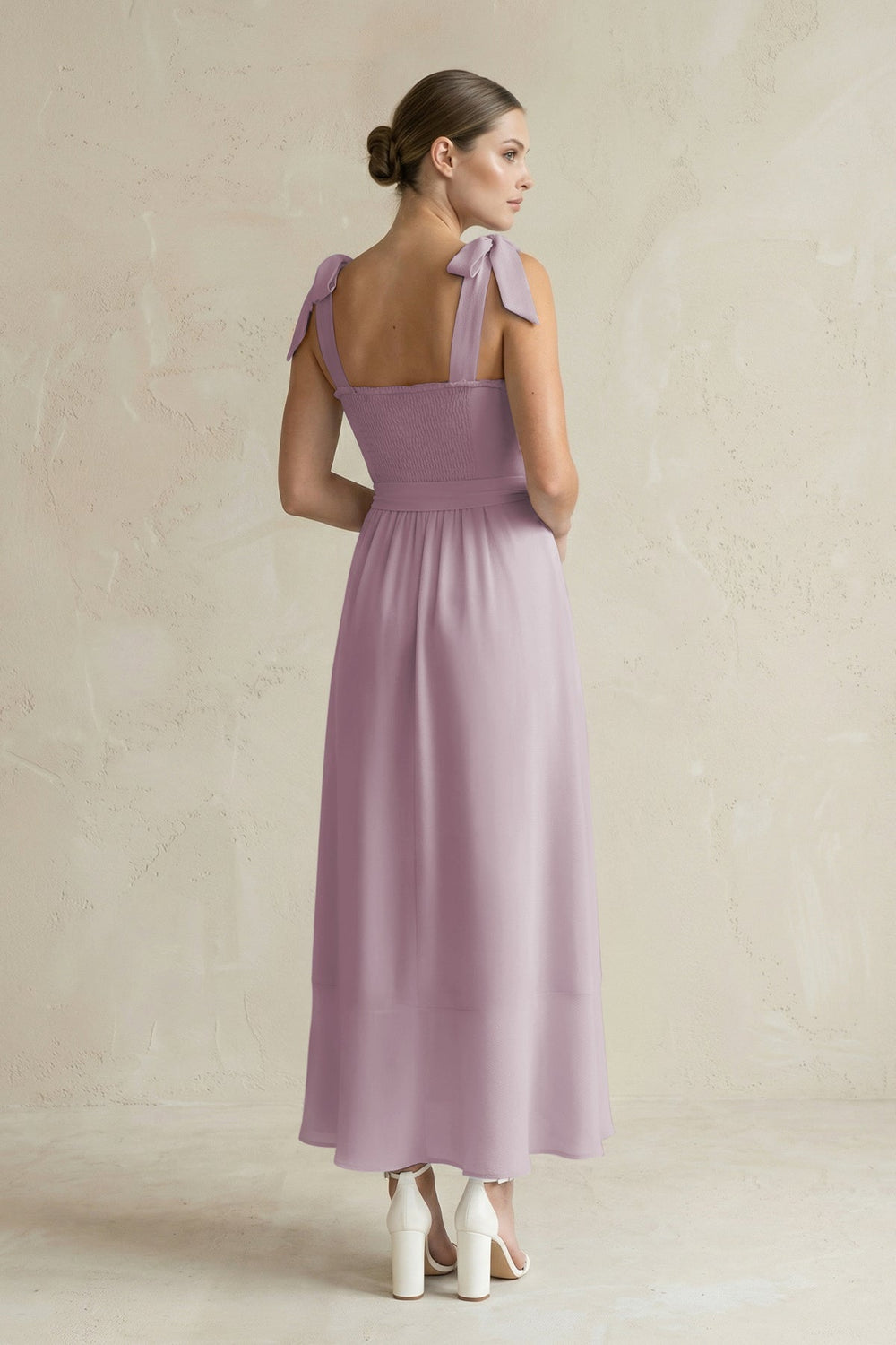 Square Neck A - Line Chiffon Midi Bridesmaid Dress with Bow in Dusk - SHE IS ME Bridesmaid Dresses