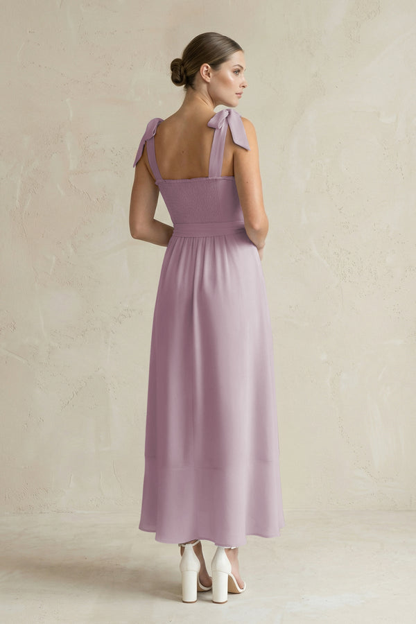Square Neck A - Line Chiffon Midi Bridesmaid Dress with Bow in Dusk - SHE IS ME Bridesmaid Dresses