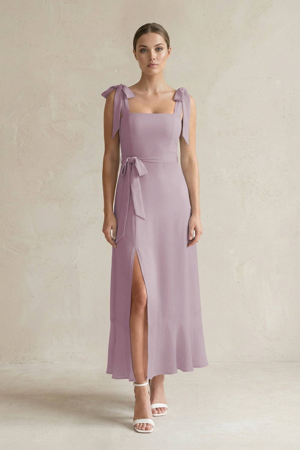 Square Neck A - Line Chiffon Midi Bridesmaid Dress with Bow in Dusk - SHE IS ME Bridesmaid Dresses