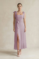 Square Neck A - Line Chiffon Midi Bridesmaid Dress with Bow in Dusk - SHE IS ME Bridesmaid Dresses