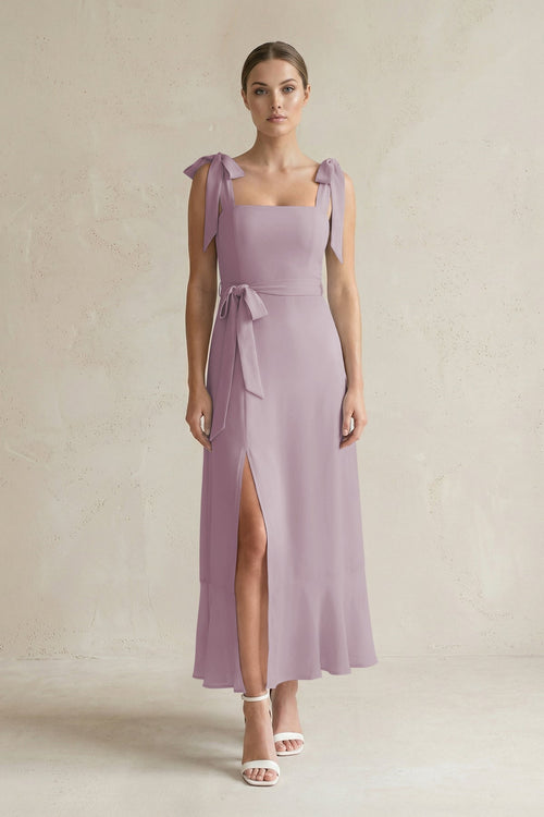 Square Neck A - Line Chiffon Midi Bridesmaid Dress with Bow in Dusk - SHE IS ME Bridesmaid Dresses
