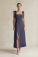 Square Neck A - Line Chiffon Midi Bridesmaid Dress with Bow in Dusk Blue - SHE IS ME Bridesmaid Dresses