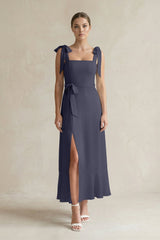 Square Neck A - Line Chiffon Midi Bridesmaid Dress with Bow in Dusk Blue - KISS BRIDAL Bridesmaid Dresses