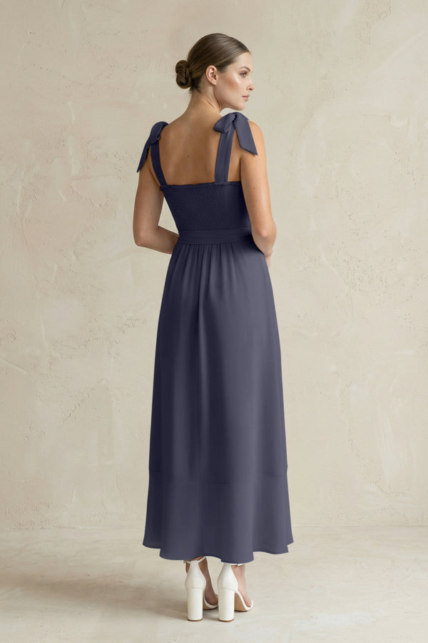 Square Neck A - Line Chiffon Midi Bridesmaid Dress with Bow in Dusk Blue - SHE IS ME Bridesmaid Dresses