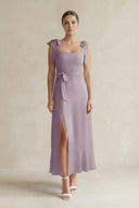 Square Neck A-Line Chiffon Midi Bridesmaid Dress with Bow in Dusk | KISSBRIDAL