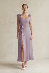 Square Neck A-Line Chiffon Midi Bridesmaid Dress with Bow in Dusk | KISSBRIDAL
