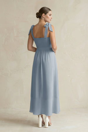 Square Neck A-Line Chiffon Midi Bridesmaid Dress with Bow in Dusty Blue (2) | KISSBRIDAL