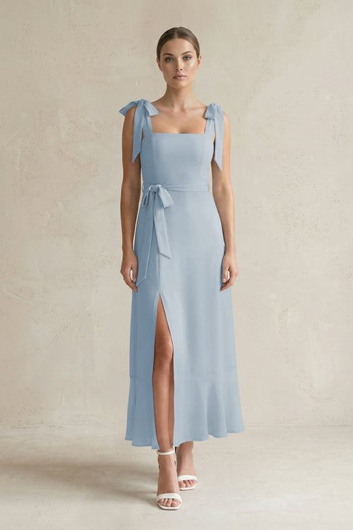 Square Neck A - Line Chiffon Midi Bridesmaid Dress with Bow in Dusty Blue - SHE IS ME Bridesmaid Dresses