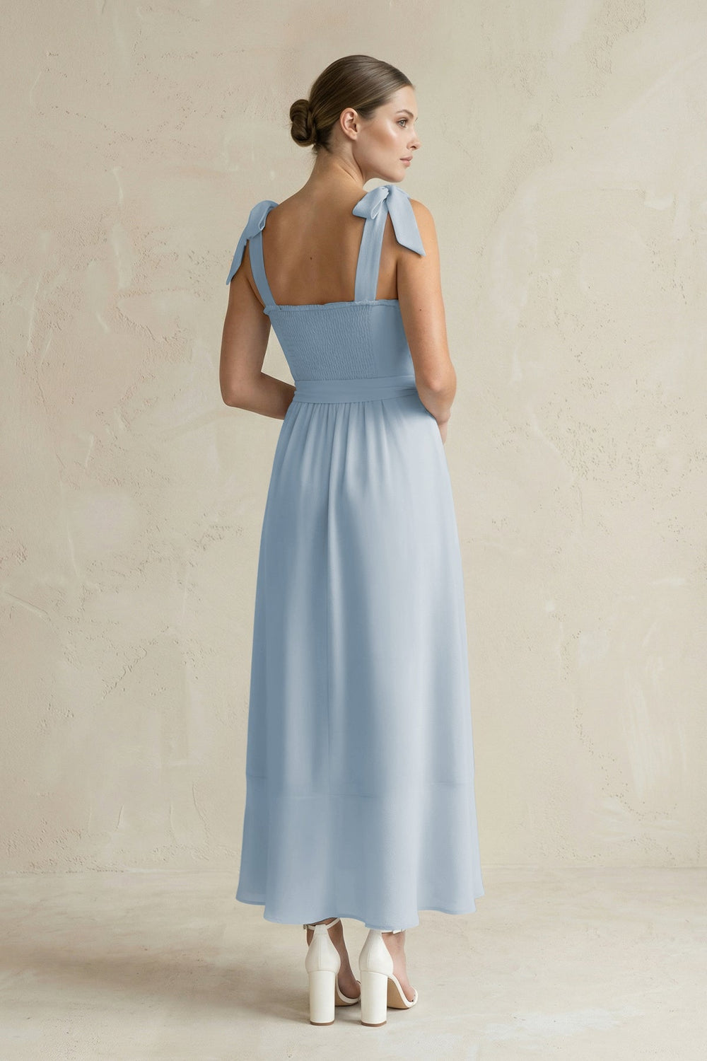 Square Neck A - Line Chiffon Midi Bridesmaid Dress with Bow in Dusty Blue - SHE IS ME Bridesmaid Dresses