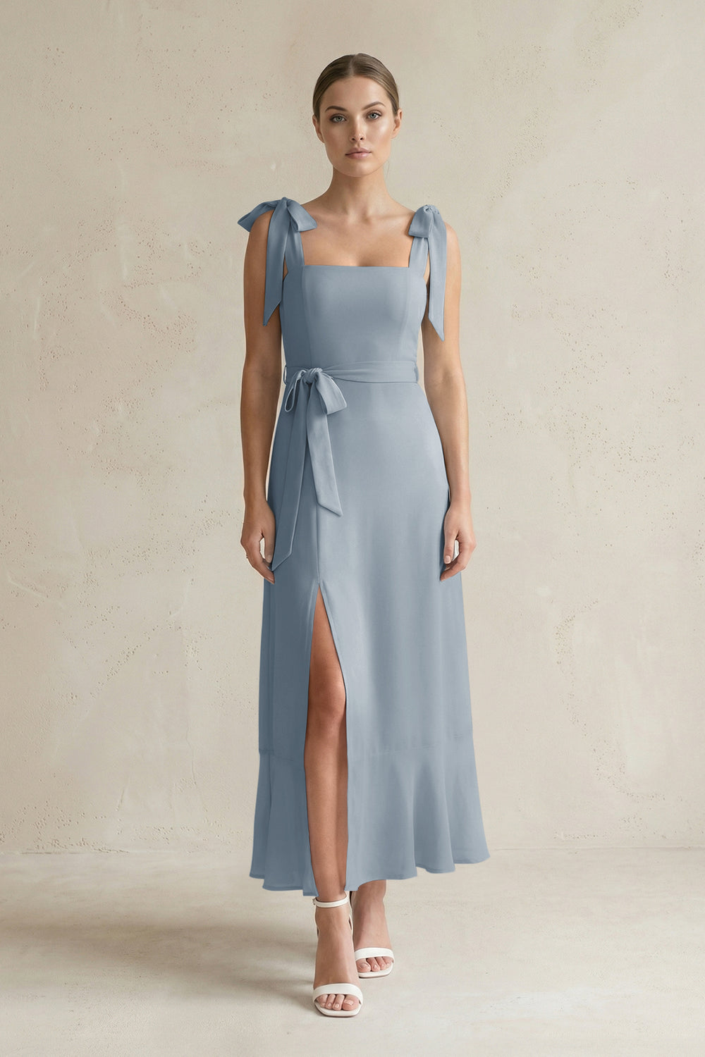 Square Neck A-Line Chiffon Midi Bridesmaid Dress with Bow in Dusty Blue