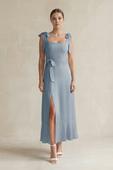 Square Neck A-Line Chiffon Midi Bridesmaid Dress with Bow in Dusty Blue | KISSBRIDAL
