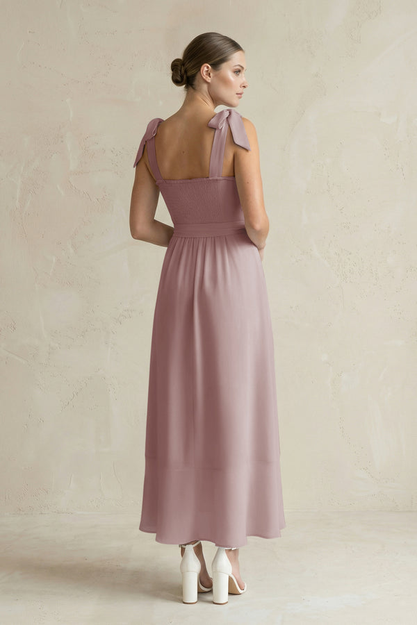 Square Neck A-Line Chiffon Midi Bridesmaid Dress with Bow in Dusty Rose (2) | KISSBRIDAL