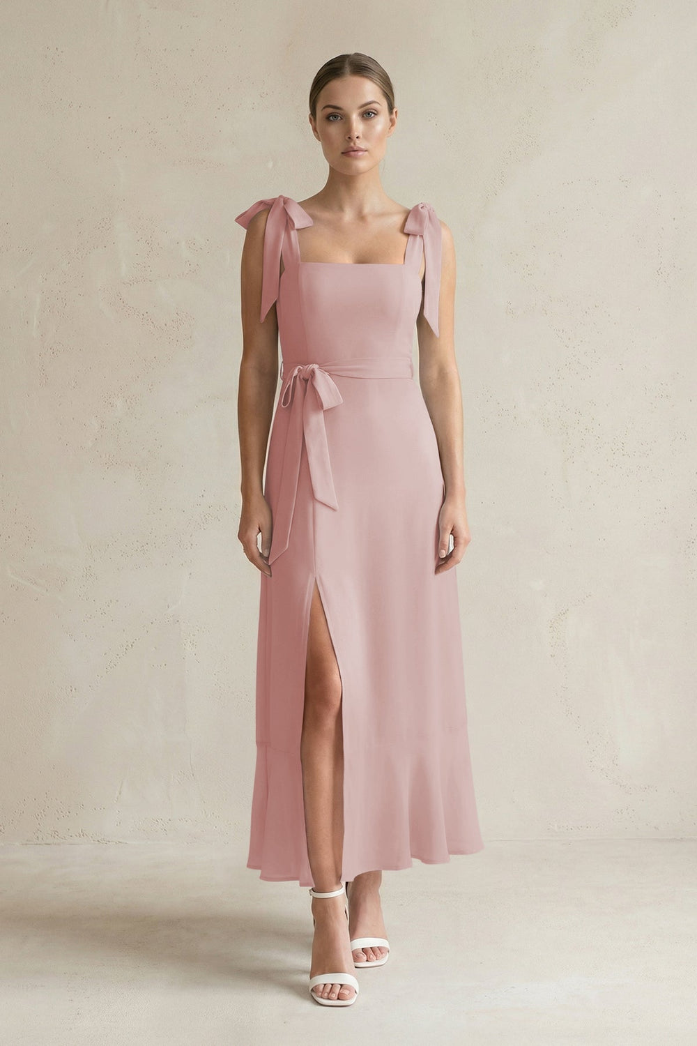 Square Neck A - Line Chiffon Midi Bridesmaid Dress with Bow in Dusty Rose - KISS BRIDAL Bridesmaid Dresses