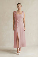 Square Neck A - Line Chiffon Midi Bridesmaid Dress with Bow in Dusty Rose - SHE IS ME Bridesmaid Dresses