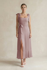 Square Neck A-Line Chiffon Midi Bridesmaid Dress with Bow in Dusty Rose | KISSBRIDAL