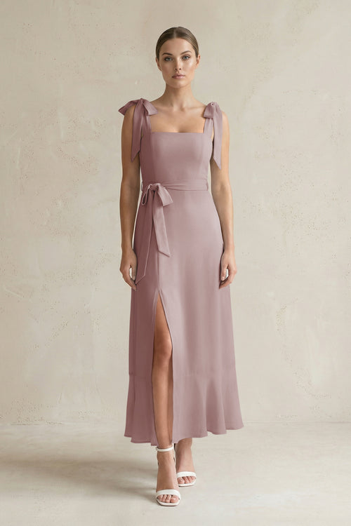 Square Neck A-Line Chiffon Midi Bridesmaid Dress with Bow in Dusty Rose | KISSBRIDAL