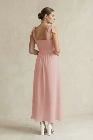 Square Neck A-Line Chiffon Midi Bridesmaid Dress with Bow in English Rose (2) | KISSBRIDAL