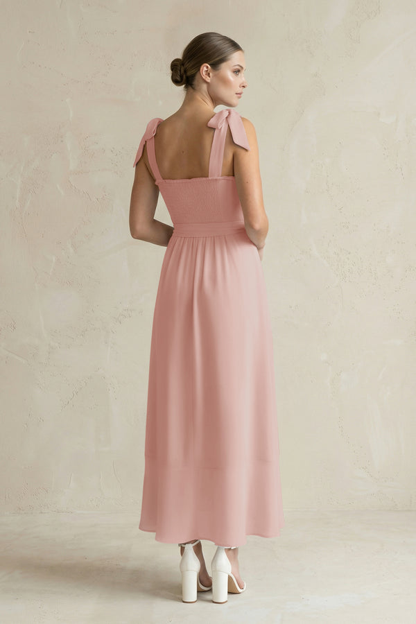 Square Neck A-Line Chiffon Midi Bridesmaid Dress with Bow in English Rose (2) | KISSBRIDAL