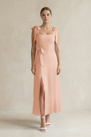 Square Neck A - Line Chiffon Midi Bridesmaid Dress with Bow in English Rose - SHE IS ME Bridesmaid Dresses