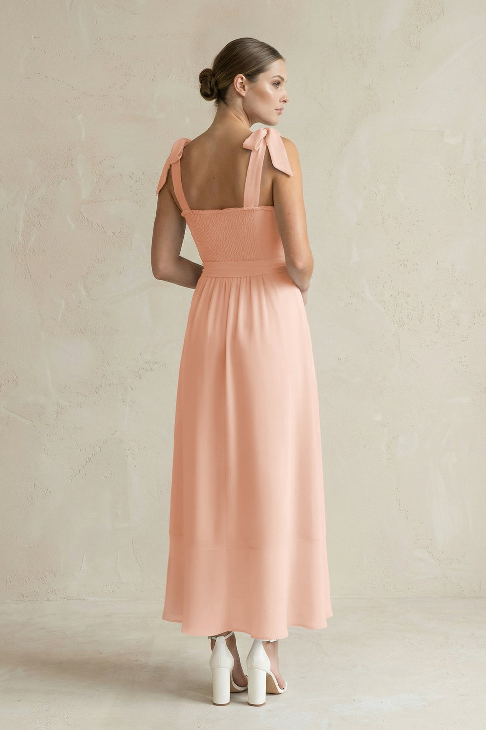 Square Neck A - Line Chiffon Midi Bridesmaid Dress with Bow in English Rose - KISS BRIDAL Bridesmaid Dresses