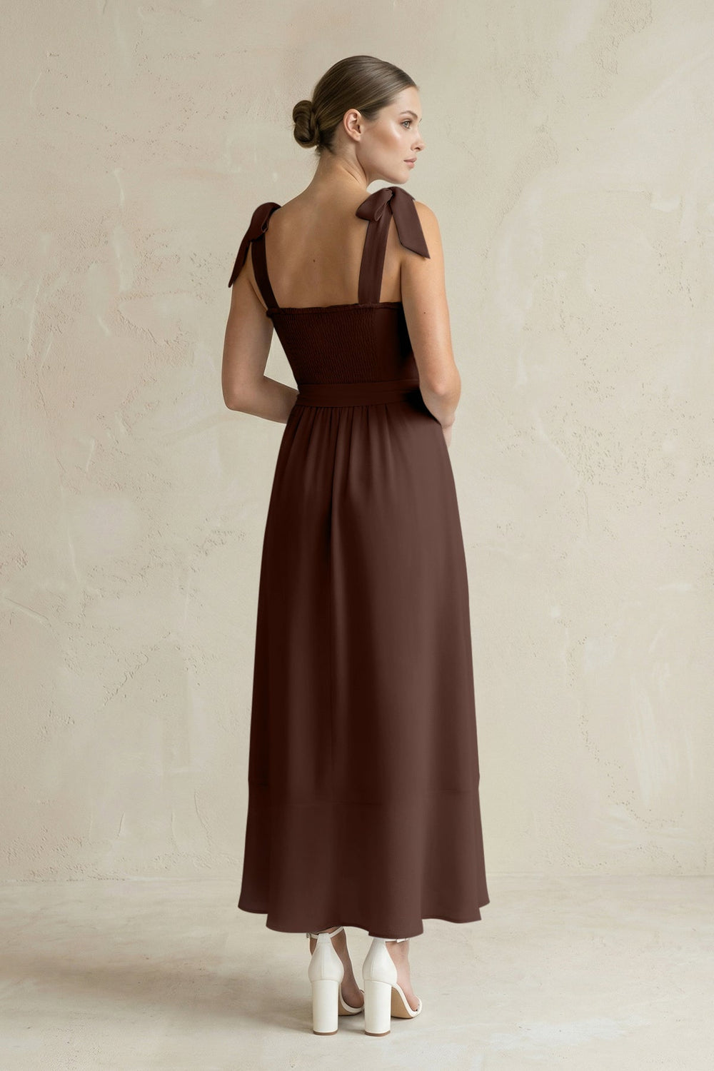 Square Neck A - Line Chiffon Midi Bridesmaid Dress with Bow in Espresso - SHE IS ME Bridesmaid Dresses