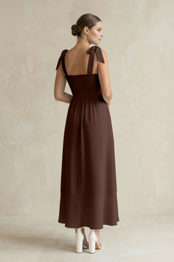 Square Neck A - Line Chiffon Midi Bridesmaid Dress with Bow in Espresso - SHE IS ME Bridesmaid Dresses