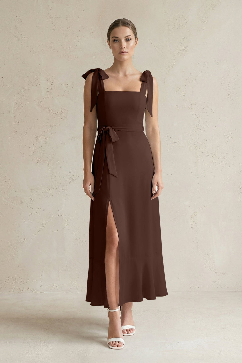 Square Neck A - Line Chiffon Midi Bridesmaid Dress with Bow in Espresso - SHE IS ME Bridesmaid Dresses