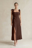 Square Neck A - Line Chiffon Midi Bridesmaid Dress with Bow in Espresso - SHE IS ME Bridesmaid Dresses