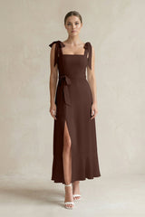 Square Neck A - Line Chiffon Midi Bridesmaid Dress with Bow in Espresso - KISS BRIDAL Bridesmaid Dresses
