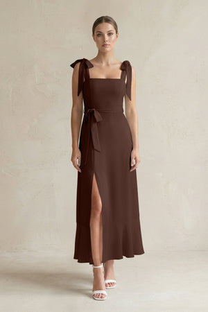 Square Neck A - Line Chiffon Midi Bridesmaid Dress with Bow in Espresso - SHE IS ME Bridesmaid Dresses