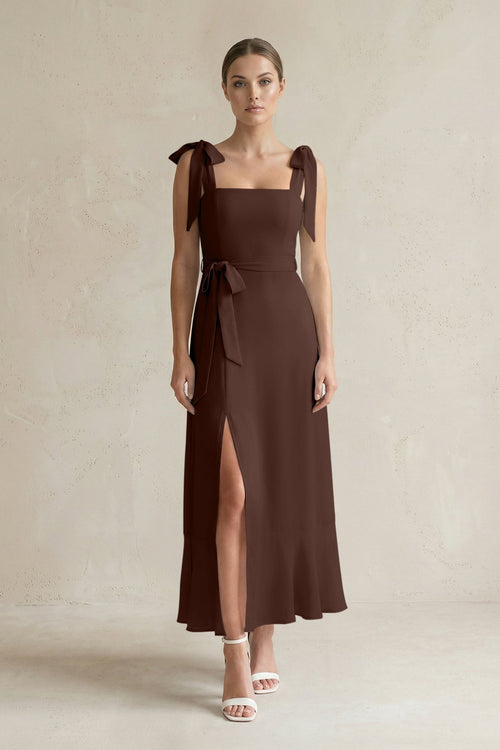 Square Neck A - Line Chiffon Midi Bridesmaid Dress with Bow in Espresso - SHE IS ME Bridesmaid Dresses