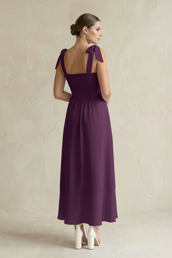 Square Neck A-Line Chiffon Midi Bridesmaid Dress with Bow in Fig (2) | KISSBRIDAL